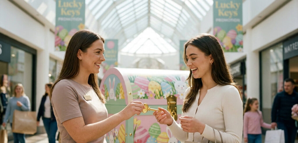 Shoppers at Mount Waverley Shopping Centre trying lucky keys on a colorful Easter prize chest with hostesses handing out keys, surrounded by Easter decorations