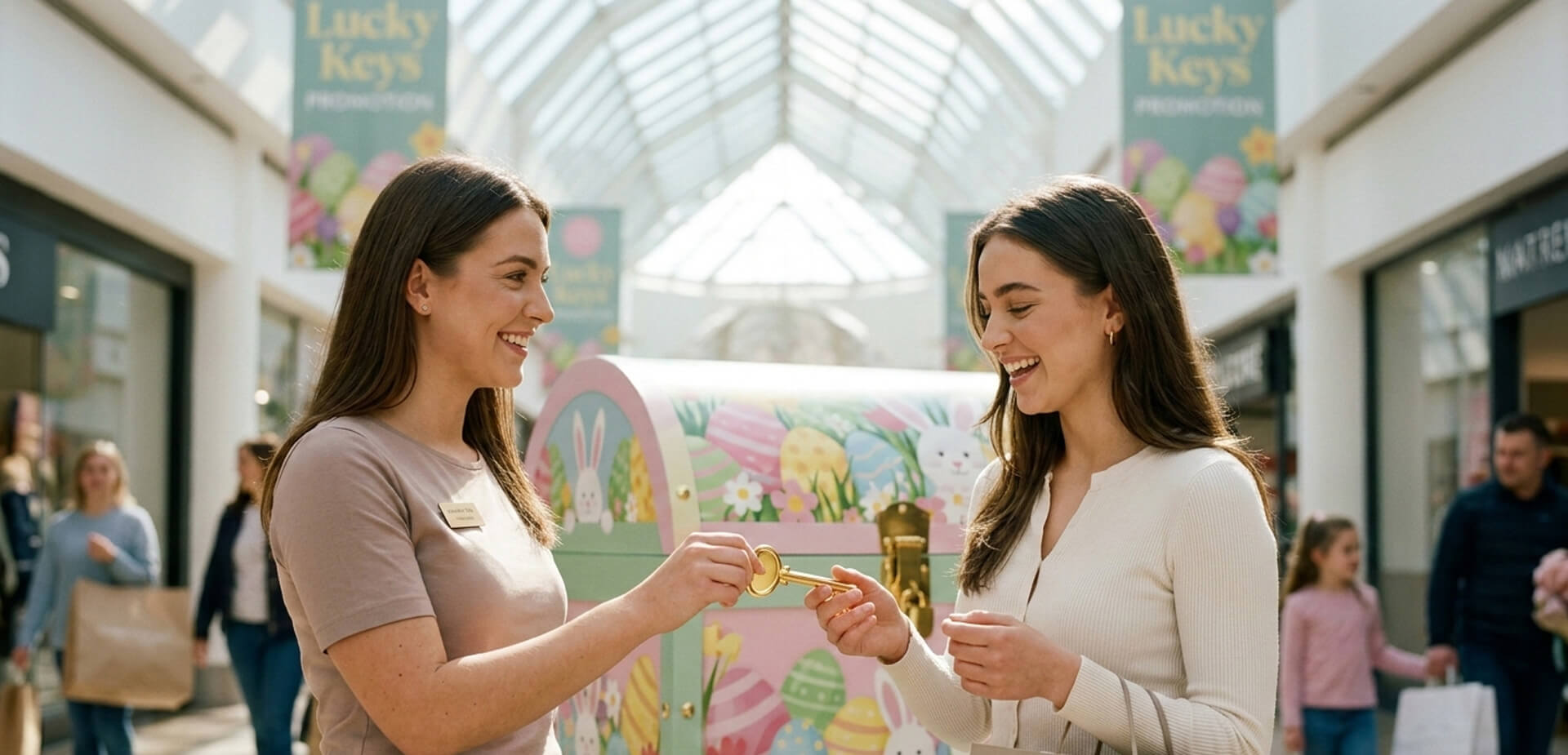 Shoppers at Mount Waverley Shopping Centre trying lucky keys on a colorful Easter prize chest with hostesses handing out keys, surrounded by Easter decorations